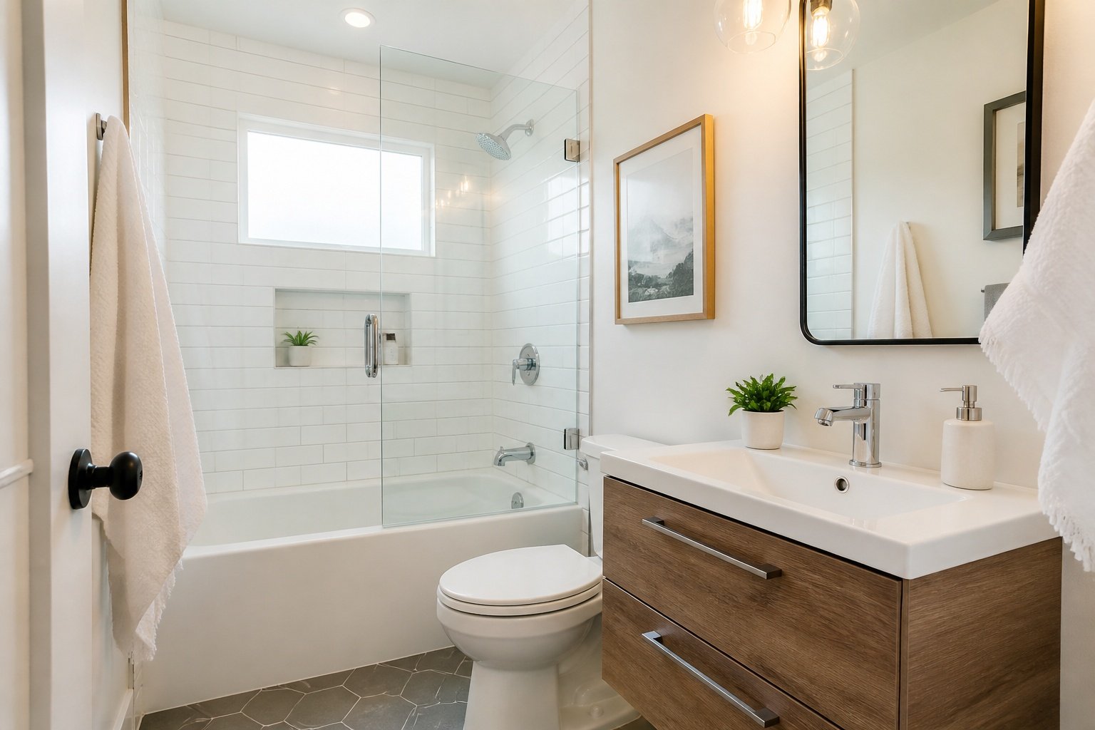 Guest Bathroom Remodeling - Newly remodeled guest bathroom with tiled shower, vanity, and porcelain flooring