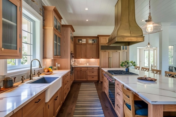 Full kitchen remodel with custom wood cabinets, quartz countertops, and large island