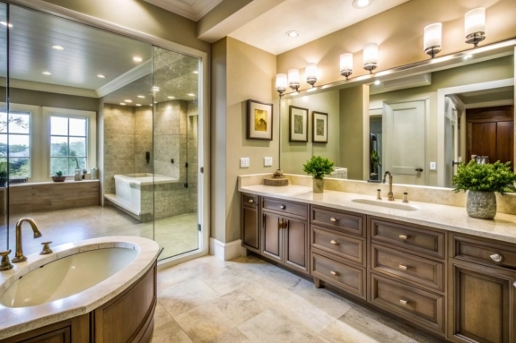 Master bathroom remodeling with freestanding tub, glass shower, and double vanity