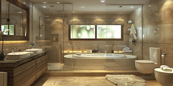 Master Bathroom Remodeling with a freestanding tub, glass shower, and double vanity