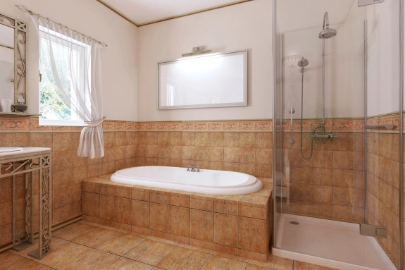 Tub-to-shower conversion with a walk-in shower and existing bathtub