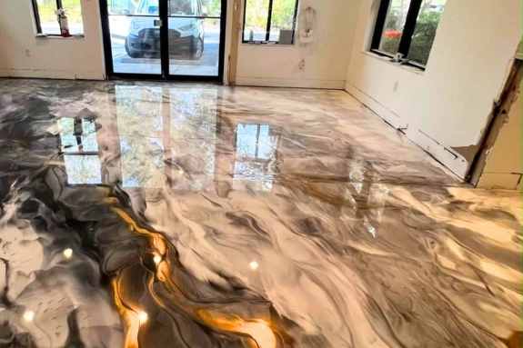 Glossy metallic epoxy flooring installed in a Mount Holly, NJ home