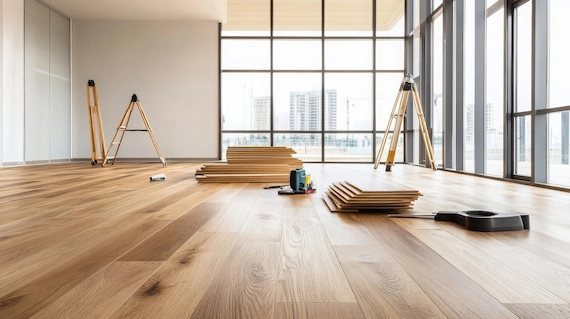 Engineered hardwood flooring prepared for Premium Wood Flooring Installation in a modern space.