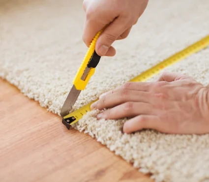 Carpet Installation Services with a professional measuring and cutting carpet for a room.